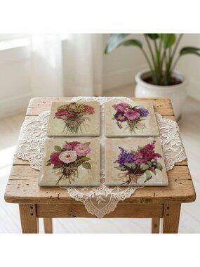Floral Square Coasters With Rustic Bouquet Flower Designs Ceramic Set Of 4
